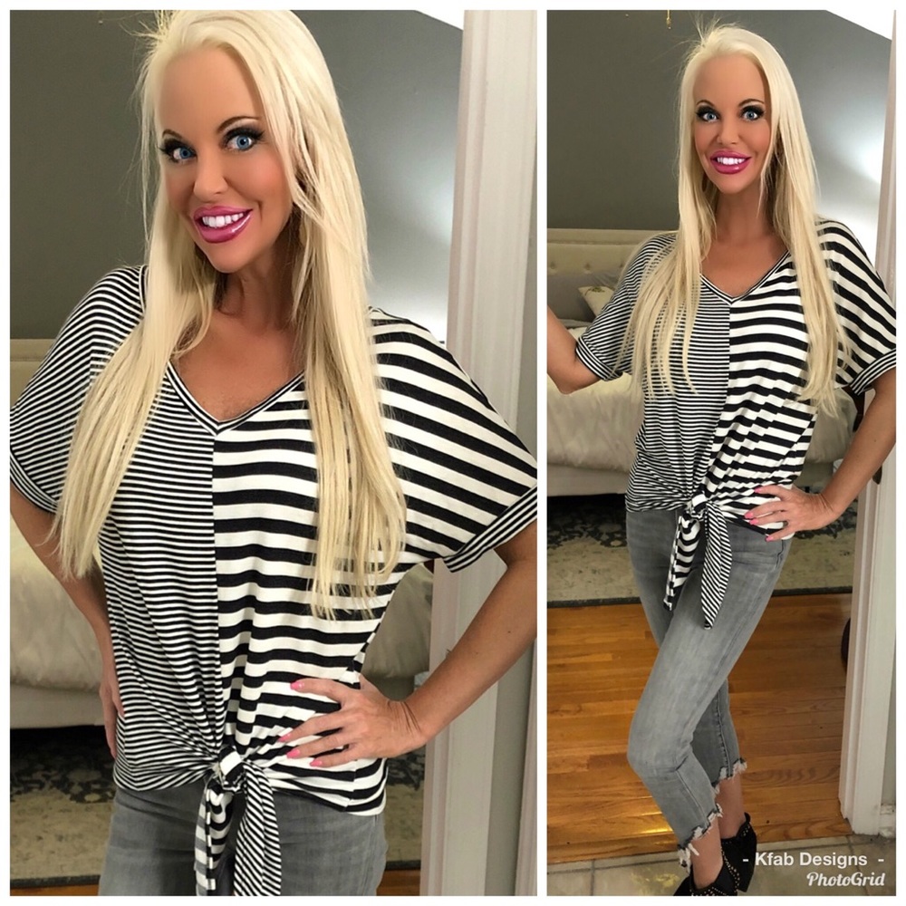 š„°LAST 1!Contrast Stripe Back Detail Front Tie Top - Picture 4 of 7